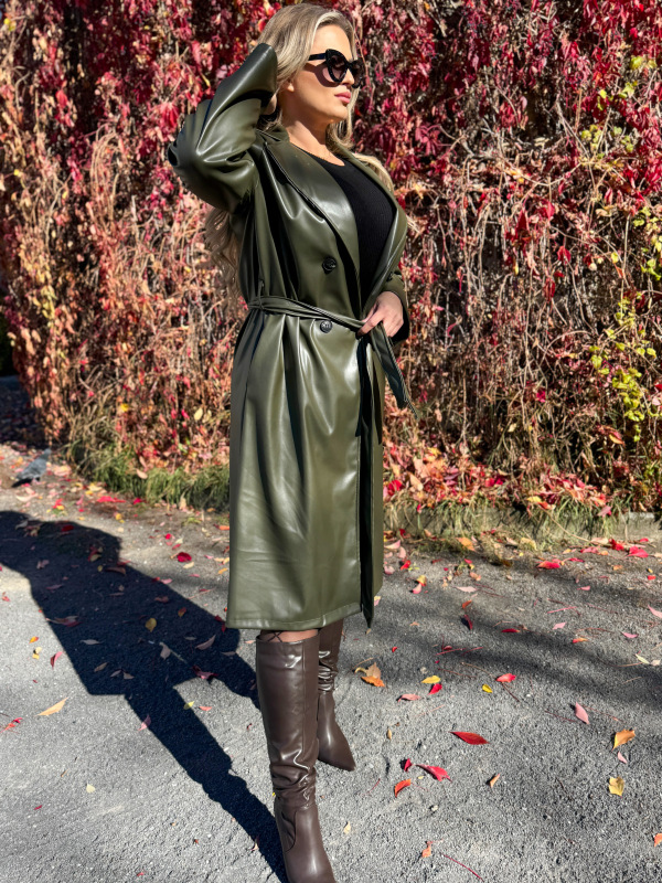 Dlhý koženkový kabát - SIERA khaki 4