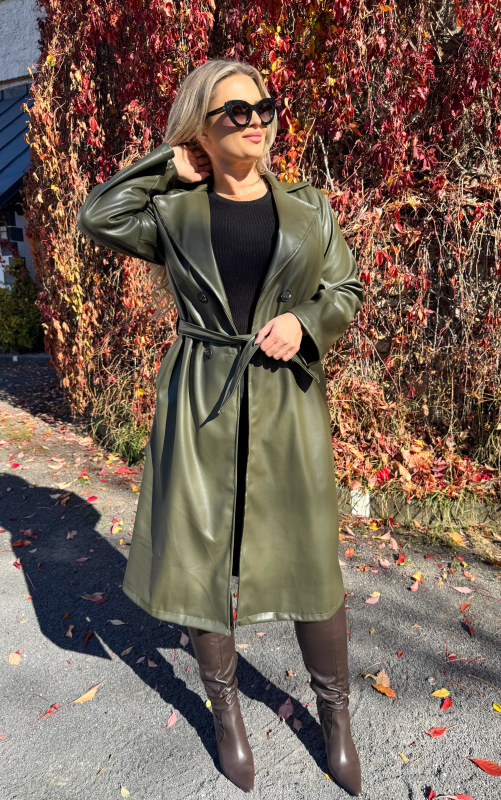 Dlhý koženkový kabát - SIERA khaki 3