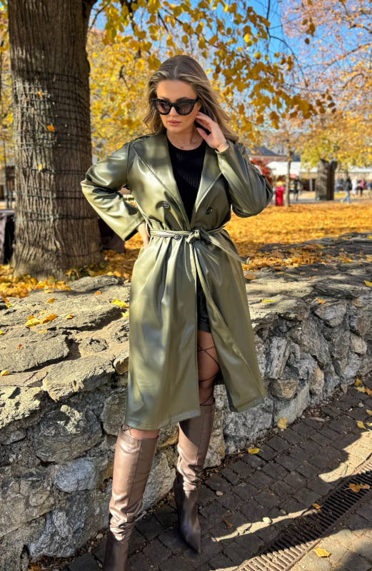 Dlhý koženkový kabát - SIERA khaki 7