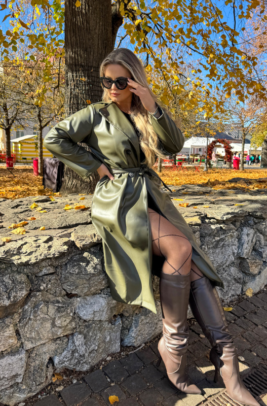 Dlhý koženkový kabát - SIERA khaki 5